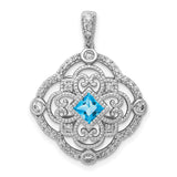 14k White Gold Pendant with Princess Cut Swiss Blue Topaz and Diamond Accents, Vintage Filigree Design