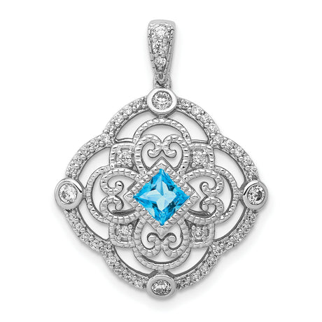 14k White Gold Pendant with Princess Cut Swiss Blue Topaz and Diamond Accents, Vintage Filigree Design
