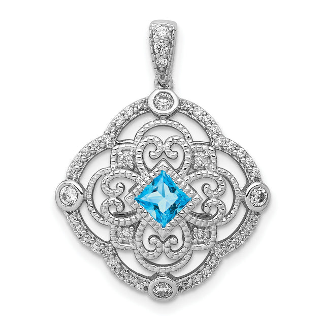 14k White Gold Pendant with Princess Cut Swiss Blue Topaz and Diamond Accents, Vintage Filigree Design