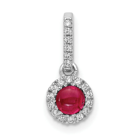Diamond and Cabochon Ruby Halo Charm Pendant in Real 14k White Gold