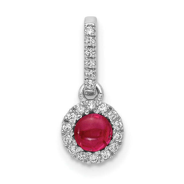 Diamond and Cabochon Ruby Halo Charm Pendant in Real 14k White Gold