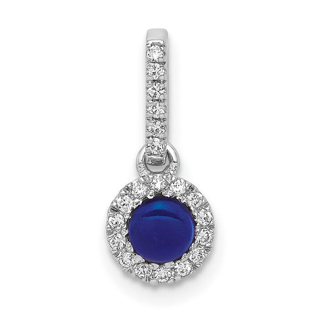 Diamond and Cabochon .47 Sapphire Halo Charm Pendant in Real 14k White Gold
