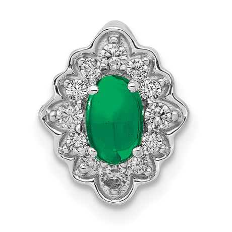 Fancy Halo Diamond and Cabochon Emerald Chain Slide Charm Pendant in Real 14k White Gold