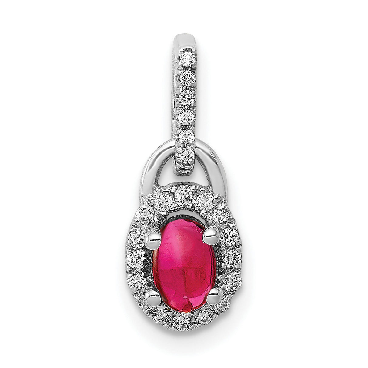 Diamond and Cabochon Ruby Charm Pendant in Real 14k White Gold