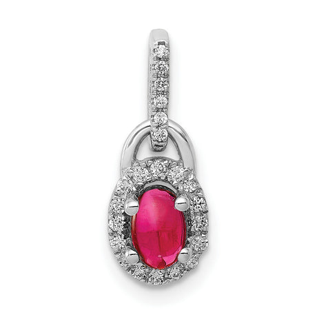Diamond and Cabochon Ruby Charm Pendant in Real 14k White Gold