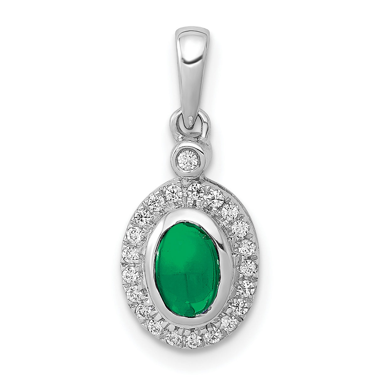 Halo Diamond and Cabochon Emerald Charm Pendant in Real 14k White Gold