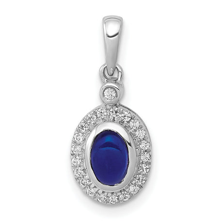 Halo Diamond and Cabochon Sapphire Charm Pendant in Real 14k White Gold