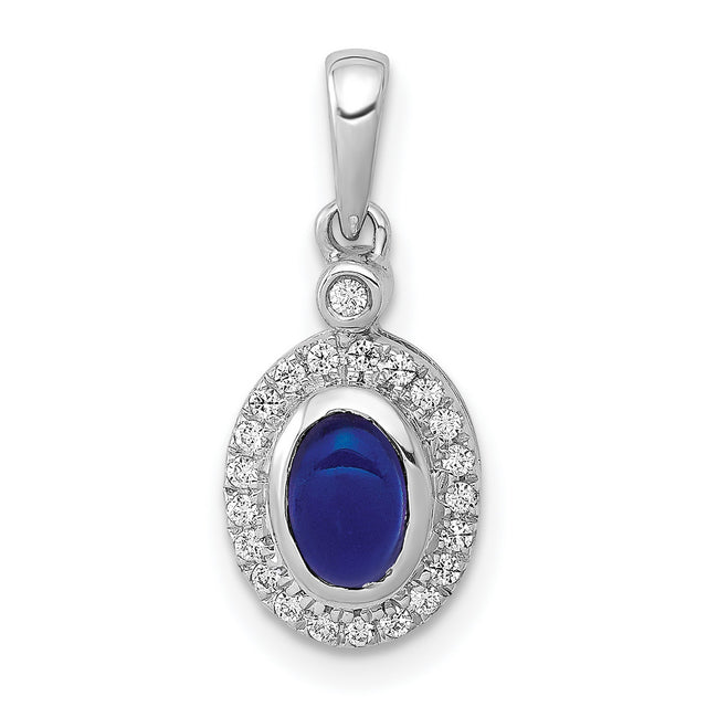Halo Diamond and Cabochon Sapphire Charm Pendant in Real 14k White Gold