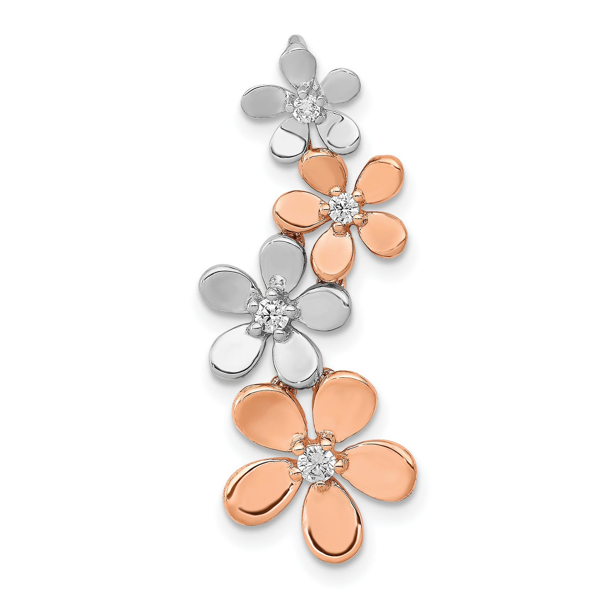 1/8ct Diamond Four Flower Chain Slide Charm Pendant in Real 14k Multi-Tone Gold
