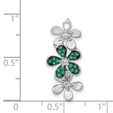 Diamond and Emerald 3 Flowers Charm Pendant in Real 14k White Gold