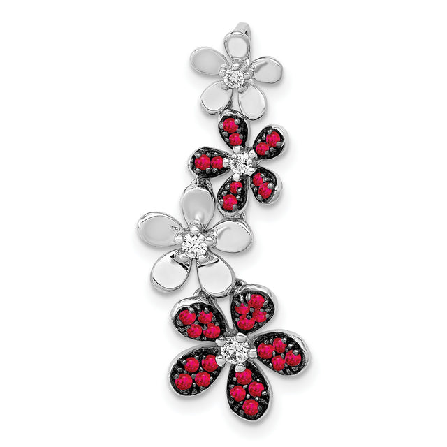 14k White Gold Floral Pendant with Ruby and Diamond Accents, Nature-Inspired Slide Design