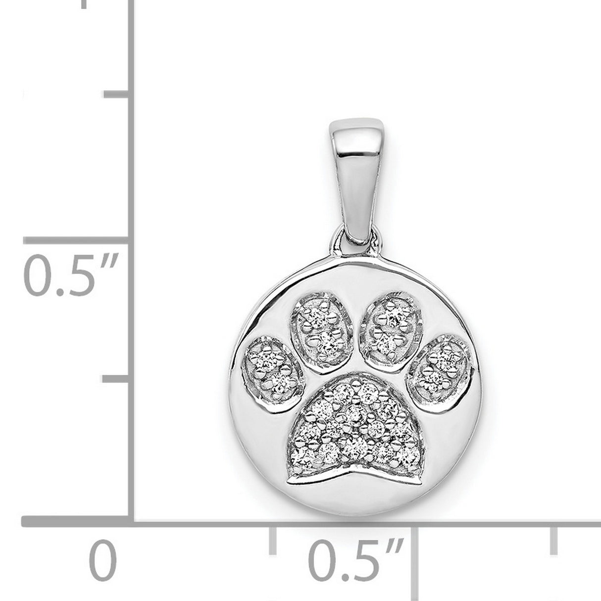 Paw Print With Diamond Accents On Round Charm Pendant in Real 14k White Gold