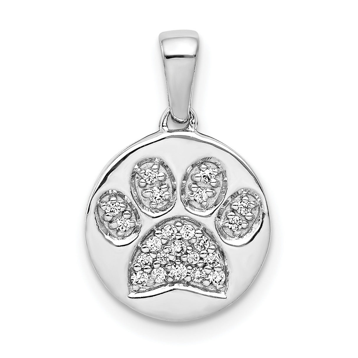 Paw Print With Diamond Accents On Round Charm Pendant in Real 14k White Gold