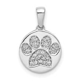 Paw Print With Diamond Accents On Round Charm Pendant in Real 14k White Gold