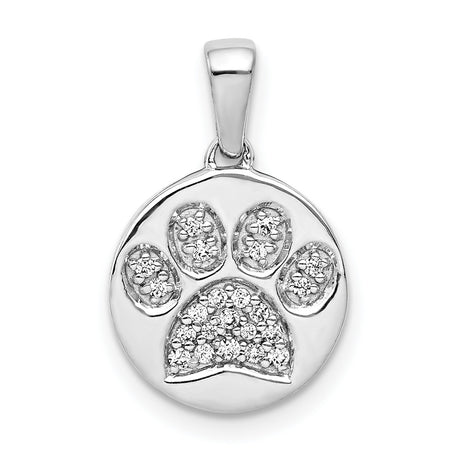 Paw Print With Diamond Accents On Round Charm Pendant in Real 14k White Gold