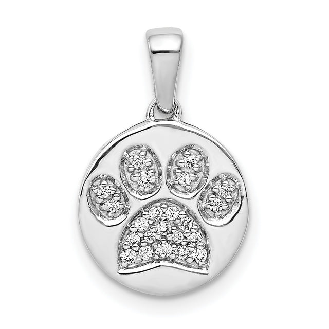 Paw Print With Diamond Accents On Round Charm Pendant in Real 14k White Gold