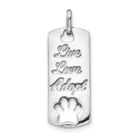 Live Love Adopt Words And Paw Print Dog Tag Style Charm Pendant in Real 14k White Gold