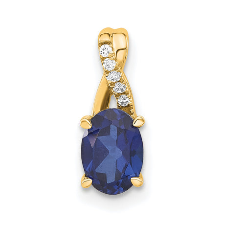 14k Yellow Gold Pendant with Oval Lab Created Blue Sapphire and Diamond, Curved Bail Design
