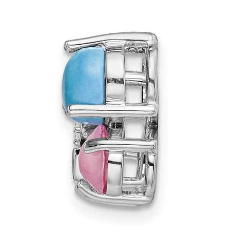 14k White Gold Butterfly Pendant with Pink Quartz, Turquoise, and Diamond Accents
