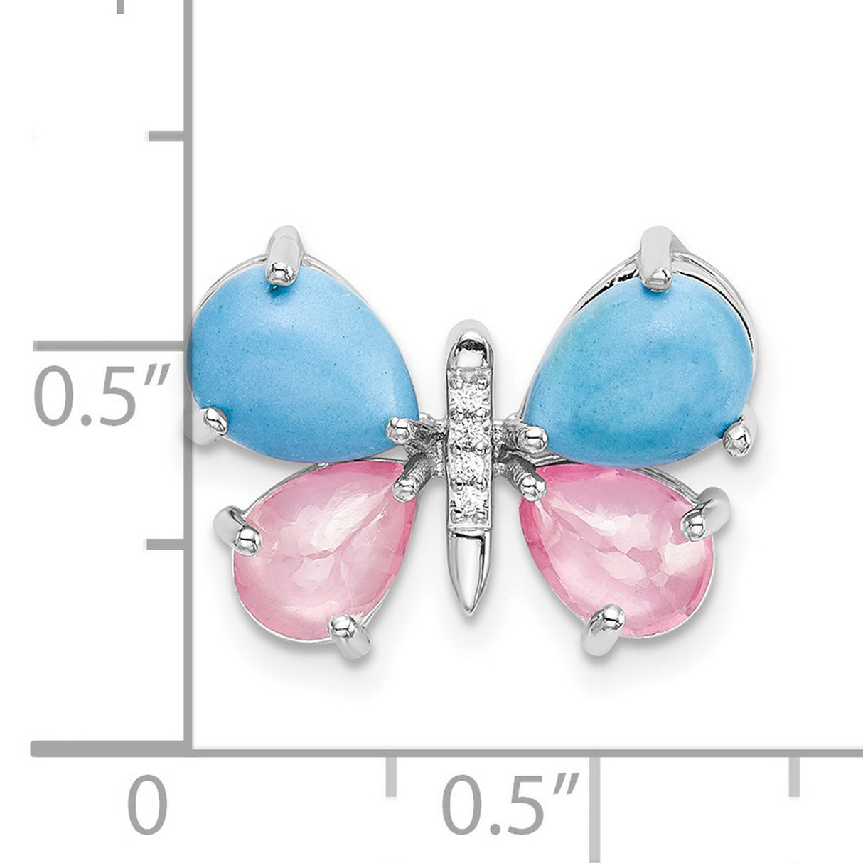 14k White Gold Butterfly Pendant with Pink Quartz, Turquoise, and Diamond Accents