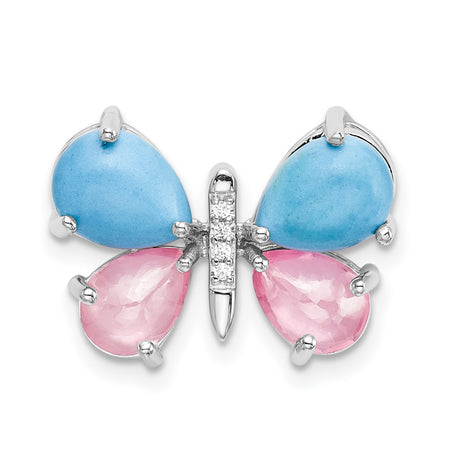 14k White Gold Butterfly Pendant with Pink Quartz, Turquoise, and Diamond Accents