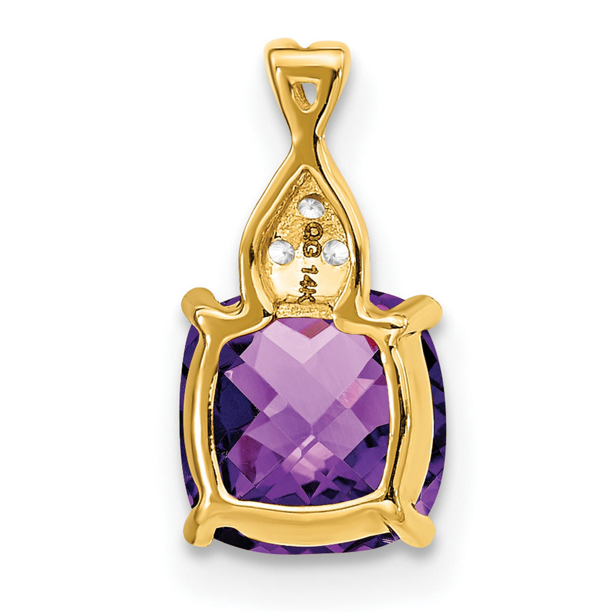 Checkerboard Amethyst and Diamond Charm Pendant in Real 14k Yellow Gold