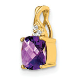 Checkerboard Amethyst and Diamond Charm Pendant in Real 14k Yellow Gold