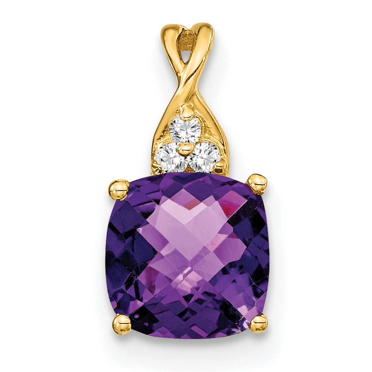 Checkerboard Amethyst and Diamond Charm Pendant in Real 14k Yellow Gold