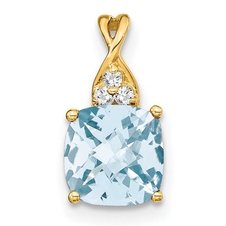 10k Yellow Gold Pendant with Cushion Cut Aquamarine and Diamond, Three Stone Floral Design