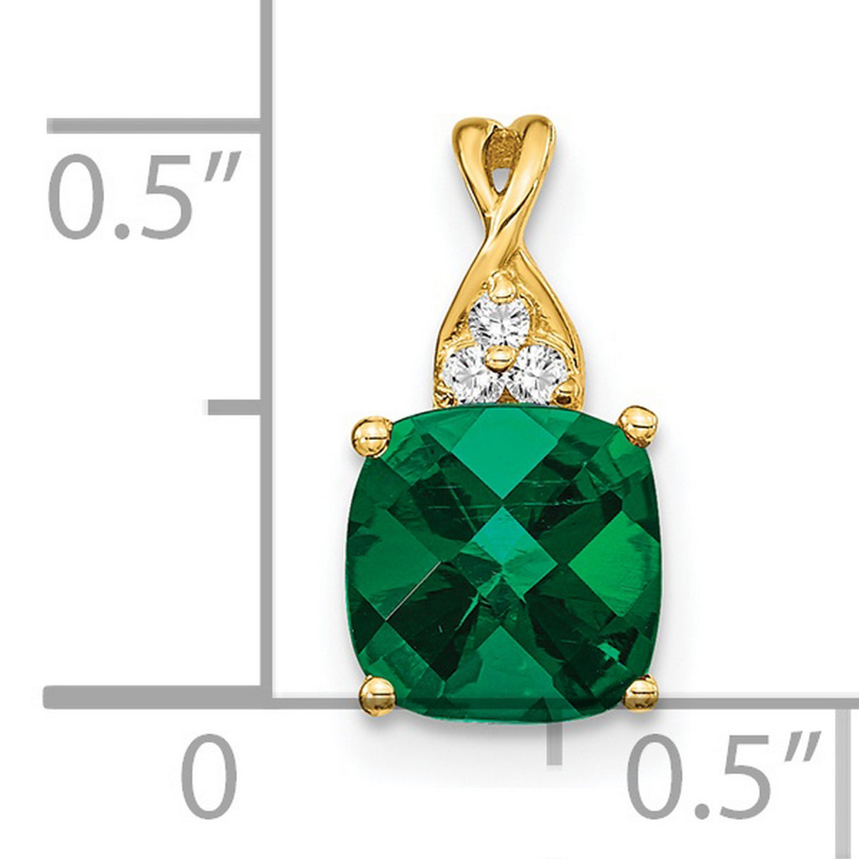 Checkerboard Created Emerald and Diamond Charm Pendant in Real 14k Yellow Gold