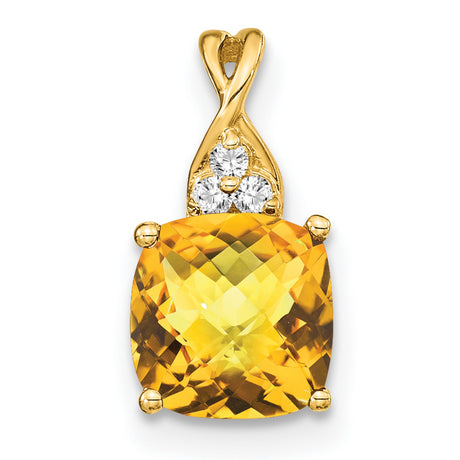 10k Yellow Gold Citrine Pendant with Diamond Accents, Floral Motif Ribbon Bail Design