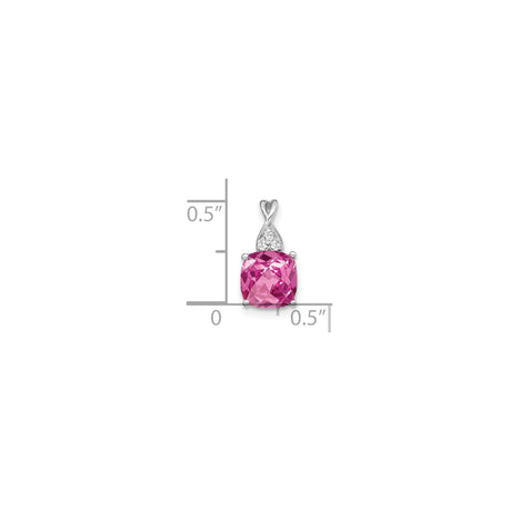 14k White Gold Pendant with Cushion Cut Pink Lab Created Sapphire and Diamond Accents, Twisted Bail Design