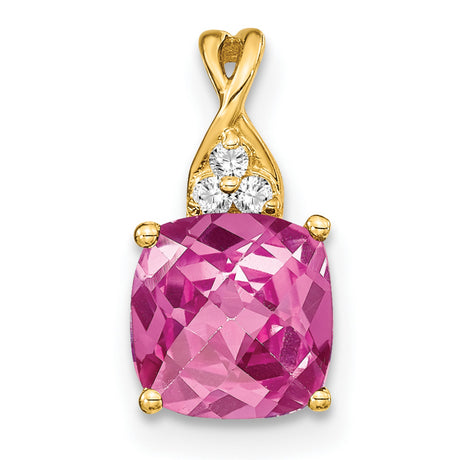14k Yellow Gold Pendant with Cushion Cut Pink Lab Created Sapphire and Diamond Accent, Floral Design
