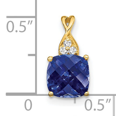 14k Yellow Gold Pendant with Cushion Cut Lab Created Sapphire and Diamond Floral Cluster