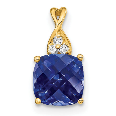 14k Yellow Gold Pendant with Cushion Cut Lab Created Sapphire and Diamond Floral Cluster