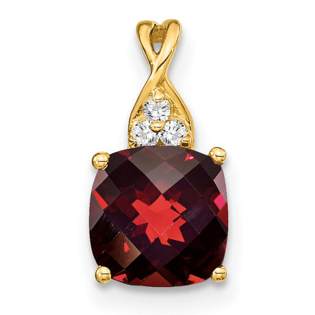 14k Yellow Gold Garnet Pendant with Diamond Accents, Cushion Cut Floral Design