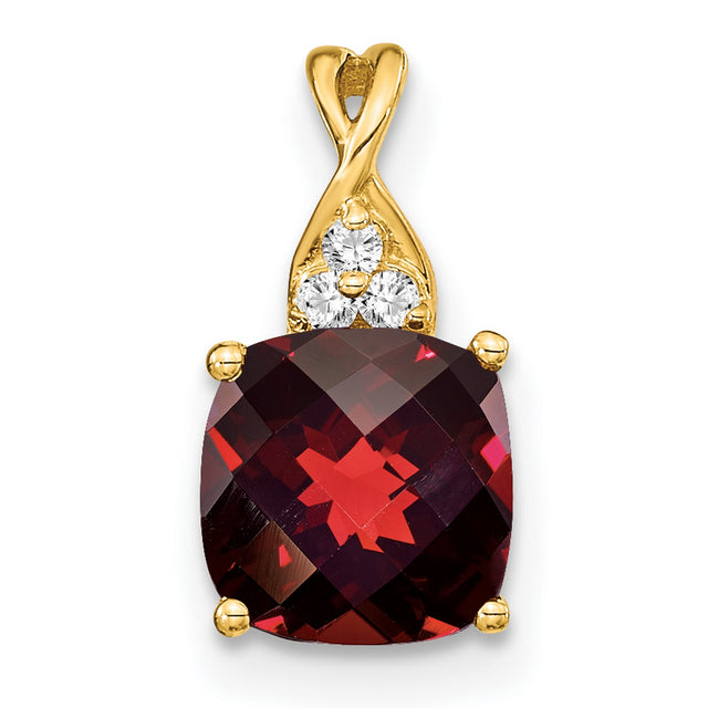 14k Yellow Gold Garnet Pendant with Diamond Accents, Cushion Cut Floral Design