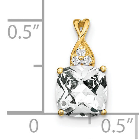 14k Yellow Gold Pendant with Cushion Cut White Topaz and Diamond Accents, Floral Cluster Design