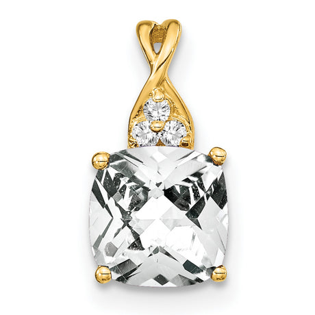 14k Yellow Gold Pendant with Cushion Cut White Topaz and Diamond Accents, Floral Cluster Design