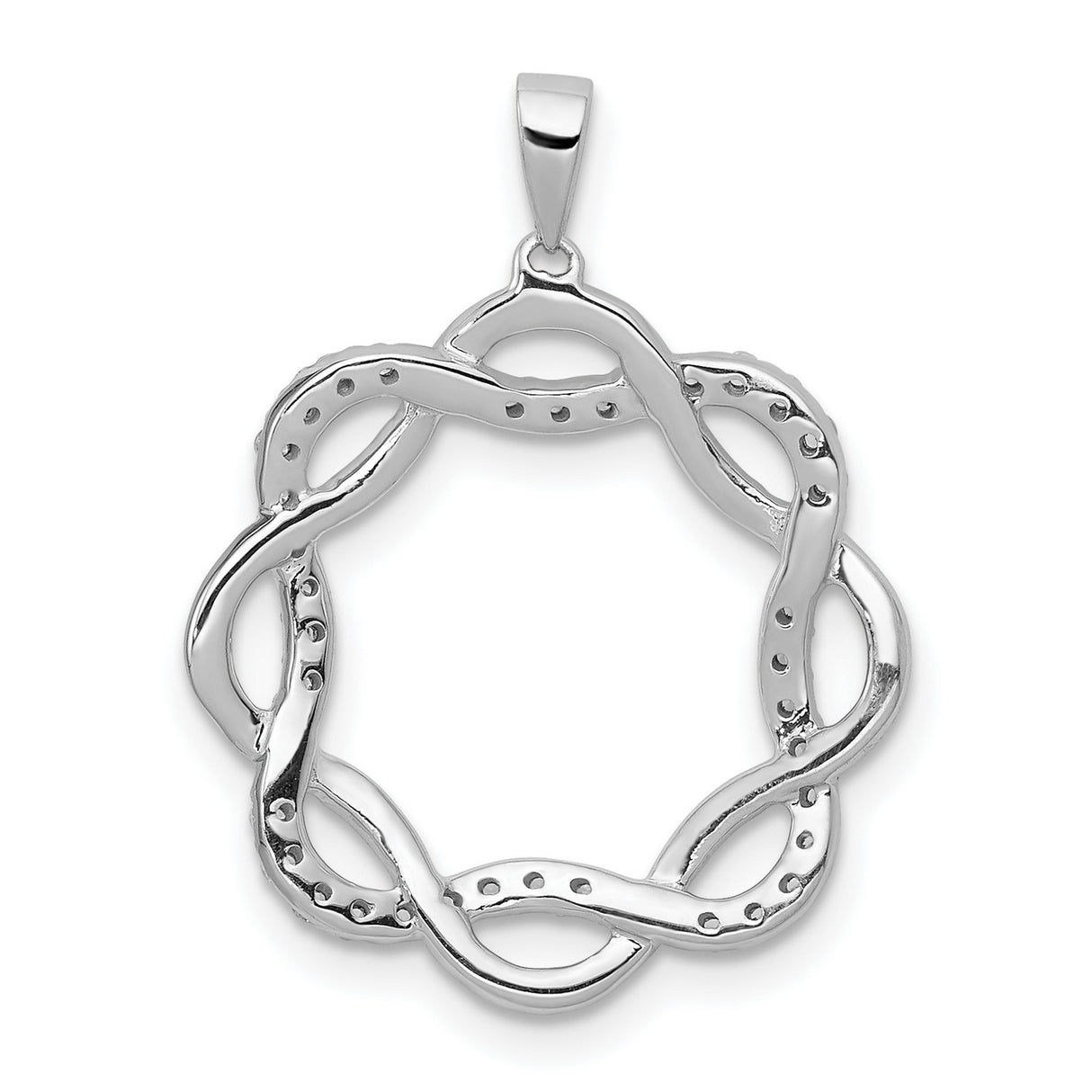 10k White Gold Infinity Circle Pendant with Interwoven Infinity Symbols and White Stones