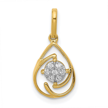 14k Yellow Gold Teardrop Pendant with Diamond Floral Cluster and Swirl Design