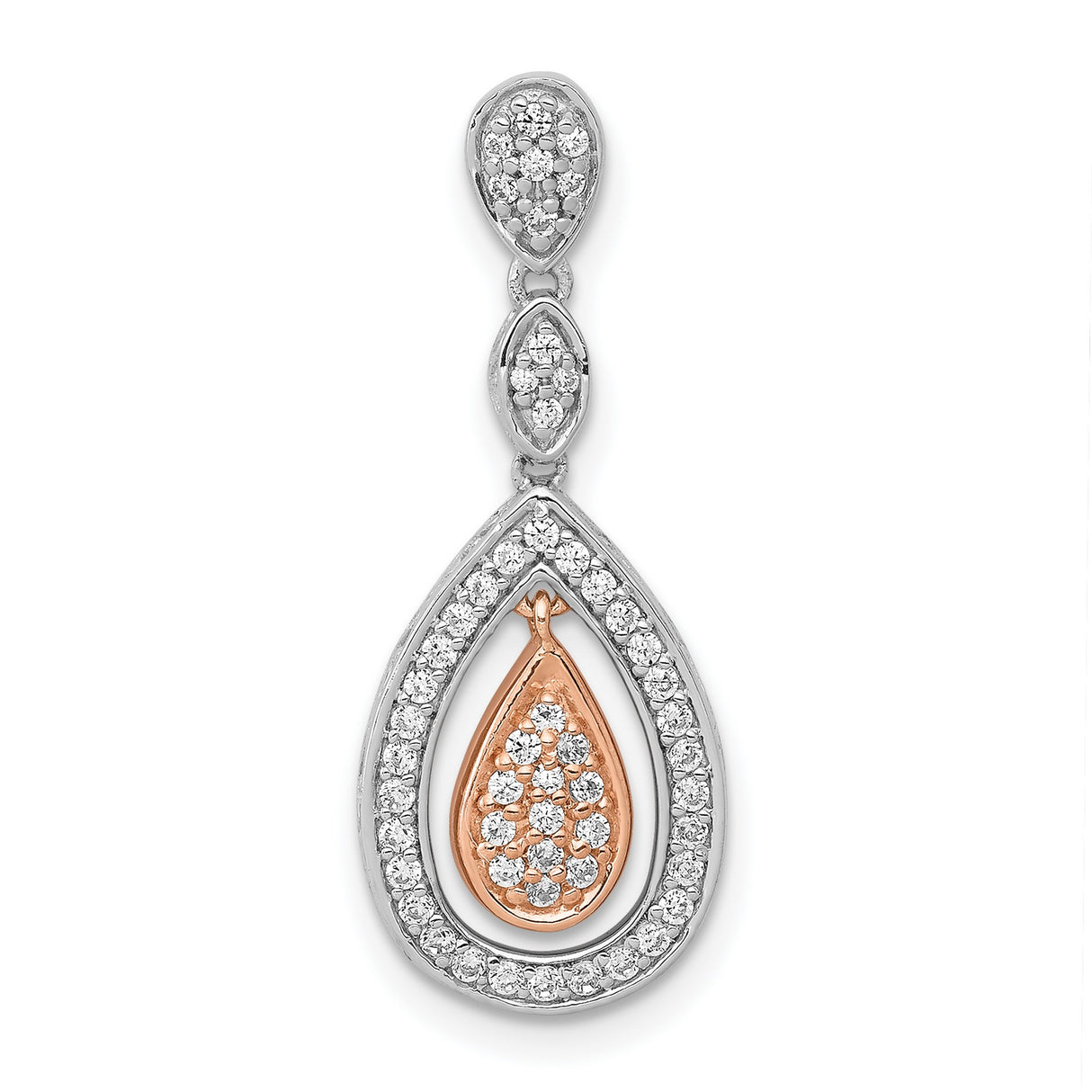 1/4ct Diamond Double Teardrop Chain Slide Charm Pendant in Real 14k Multi-Tone Gold