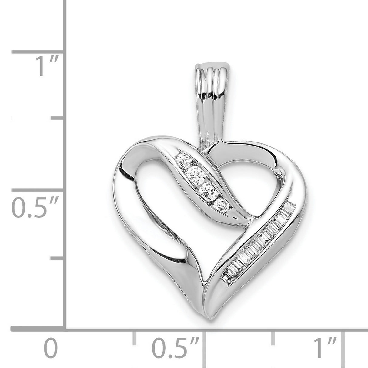 14k White Gold Heart Pendant with Baguette and Round Diamond Accents, Open Heart Design