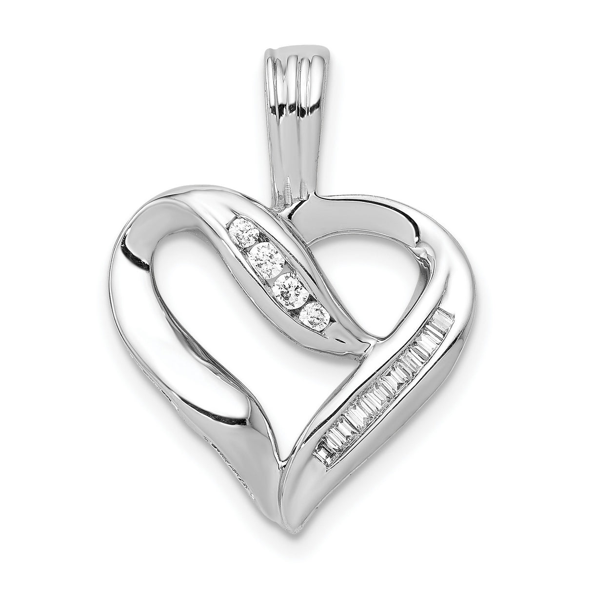14k White Gold Heart Pendant with Baguette and Round Diamond Accents, Open Heart Design