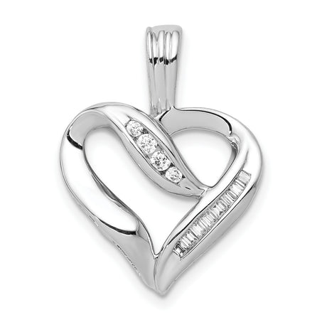 14k White Gold Heart Pendant with Baguette and Round Diamond Accents, Open Heart Design