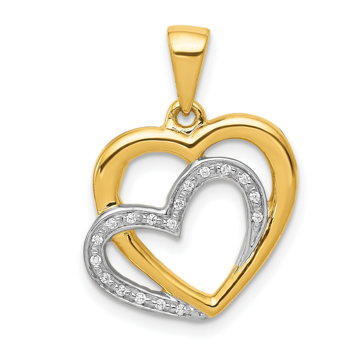 10k Multi-Tone Gold Double Heart Pendant with Diamond Accent, Intertwined Hearts Design