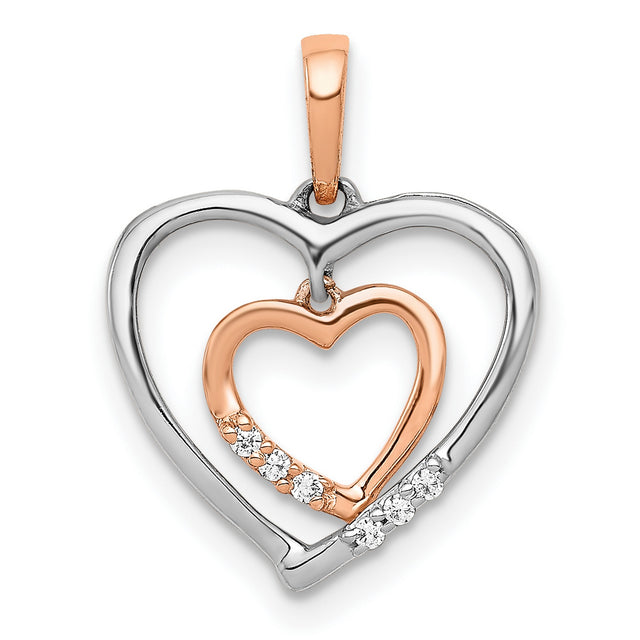 10k Two-Tone Gold Heart Pendant with Open Double Heart Design and Diamond Accent
