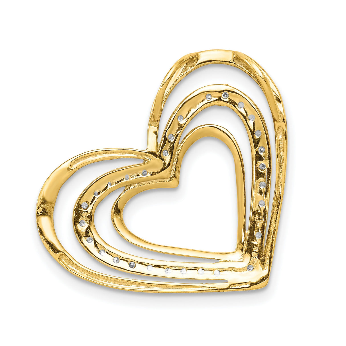 .01ct Diamond and Rhodium Triple Heart Chain Slide Charm Pendant in Real 14k Multi-Tone Gold