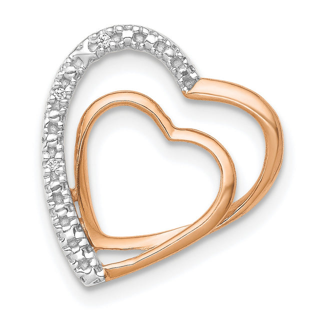 .01ct Diamond Double Heart Chain Slide Charm Pendant in Real 14k Rose Gold