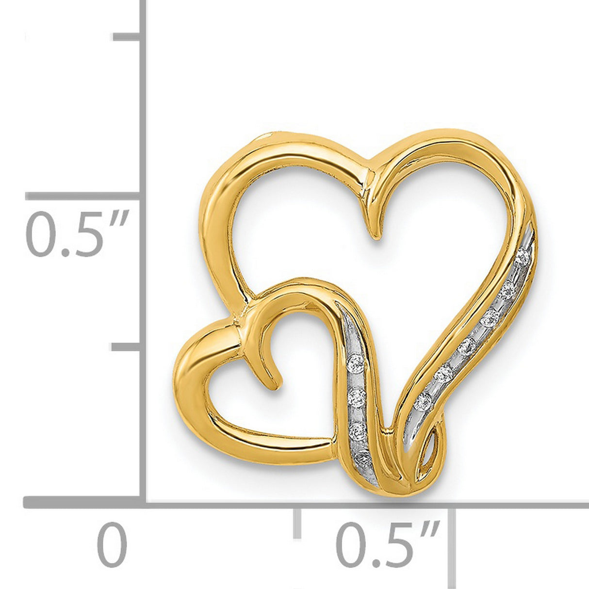 .03ct Diamond Double Heart Chain Slide Charm Pendant in Real 14k Yellow Gold